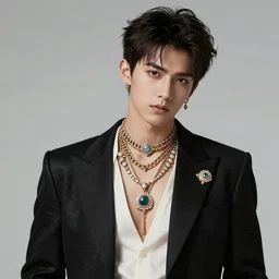 a character model design of a handsome rebellious young man wearing excessive jewelry in an ornate and elegant way