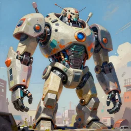 Greg Manchess painting of a giant humanoid cyborg, medium shot, low angle, asymmetrical, scifi art, Organic Painting, sunny day, Matte Painting, bold shapes, hard edges, street art, trending on artstation, by Huang Guangjian and Gil Elvgren and Sachin Teng