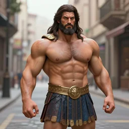 Big muscular guy with long hair posing as a greek god in the middle of the street, hyperrealistic, super realistic, realistic, 3d, 3-dimensional, octane render