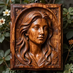 Carved mahogany wooden portrait, beautiful woman carved wood by artgerm and WLOP, floral overgrowth, deviantart