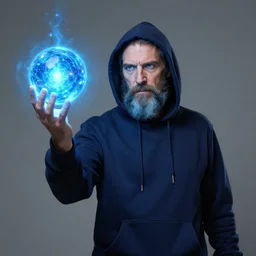 portrait powerful blue wizard John Doe wearing navy blue hoodie brandishes a glowing blue orb greg rutkowski mark rothko tombow
