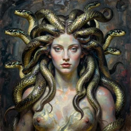 portrait of a powerful medusa with many pythons by greg rutkowski in the style of egon schiele