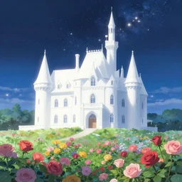 a simple and atmospheric white castle, very very beautiful dream, sea of flowers, colourful roses, beautiful starry sky, the stars shining, diffuse, by makoto shinkai