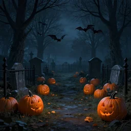 pumpkins, scattered in a graveyard at night, bats flying over tombstones, bare trees, iron railing, gloomy atmosphere, digital illustration, highly detailed, cinematic lighting, perfect composition, 4 k, artem demura