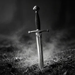 A sword stuck in the ground, bathed in dusty light. Close Up Shot, Dark Fantasy, Film Noir, Black and White. High Contrast, Mike Mignola, D&D, OSR