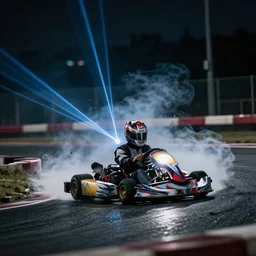young go - kart racer taking a corner at speed on a race track, motion blur lights, laser, smoke, debris, fast movement, light streaks, dark mood, night time