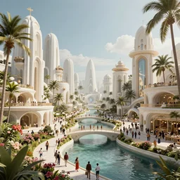 ancient utopian city in paradise, canals, bridges, white marble buildings, tropical, palm trees, blooms, crowds of people, by leon tukker, zaha hadid, photography, cinematic lighting, octane render, artstation