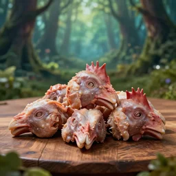 5 5 mm photo of a pile of freshly cut chicken head on a wooden table in a magical forest. dof. bokeh. magical atmosphere. art by greg rutkowski. highly detailed 8 k. intricate. lifelike. soft light. nikon d 8 5 0.