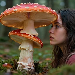 a closeup photorealistic photograph of an amanita muscaria mushroom turning into a human woman. film still, vibrant colors. this 4 k hd image is trending on artstation, featured on behance, well - rendered, extra crisp, features intricate detail, epic composition and the style of unreal engine.