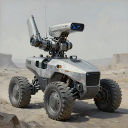 highly detailed robotic vehicle in a scifi landscape by feng zhu, hyper - detailed, sharp, beautiful, desaturated, oil on canvas