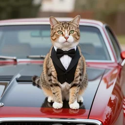 a cat wearing a tuxedo vest and bowtie sitting on the hood of a Pontiac firebird