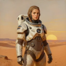 ultradetailed illustration of a young dejah thoris on mars wearing space armor, after a battle, close portrait, sand dunes to the horizon, sunset, oil painting on canvas, artstation, by sargent