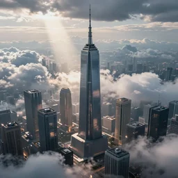 “the fall of god onto earth, ruined cities in the horizon, a single skyscraper with light piercing the clouds, epic, intricate, highly detailed, atmospheric, high definition, 8k, volumetric”