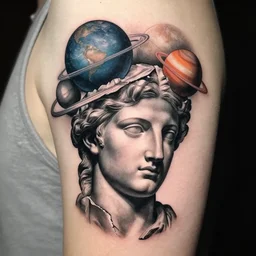 planets on the top of a broken renaissance head statue, realism tattoo design, in the style of matt jordan