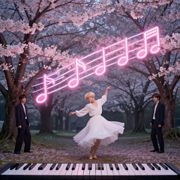 harmony of sakura flowers, mute, neon light language, neon music notes, piano tiles ( bts young man blonde jimin wearing a white dress dance ) by wlop, james jean, victo ngai, beautifully lit, muted colors, highly detailed, fantasy art by craig mullins, thomas kinkade