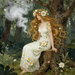 woman half man half tree sitting on the stump in the forest. Long wavy hair. Flowers in her hair. Flowers on the body, white thick smoke, white dress Renowned character illustration by alphonse mucha, Dan Mumford, Trending on artstation