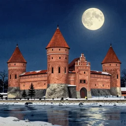 trakai island castle during winter in ukiyo - e art style, highly detailed, moonlight