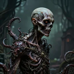 centered horrifying detailed side view profile portrait of an insane, crazed, mad old bald zombie, eldritch abomination, dunwitch horror, ornate tentacles growing around, ornamentation, thorns, vines, tentacles, elegant, beautifully soft lit, full frame, horror background with blur, 8 k by wayne barlowe, peter mohrbacher, kelly mckernan, h r giger