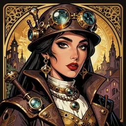 a detailed portrait illustration of a steampunk wizard - noble - merchant. beautiful transgender arabic female face. art nouveau, pop art, comic book style. influenced by neil gaiman, h. p. lovecraft, dan mumford, brian froud, vadim voitekhovitch, killian eng, ross tran.