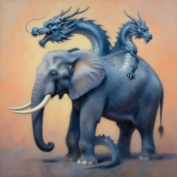 painting of hybrid between elephant & dragon!!!, intercrossed animal, mixture animal, by tiffany bozic, by zdzislaw beksinski, by vladimir kush, cold hue's, warm tone gradient background, concept art, beautiful composition, digital painting