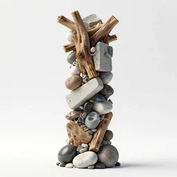 a column made of various found objects, such as, driftwood, washed stone, concrete, 3 d print, plastic garbage, river pebbles, zaha hadid, organic shape, parametric design, concept art, cinema 4 d, slick, high - res, octane render, trending on artsstation, white background
