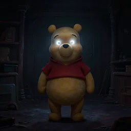 winnie the pooh standing creepily in the middke of a pitch bkack room with glowing white eyes, pitch black, light coming only from his eyes, creepy, dramatic lighting