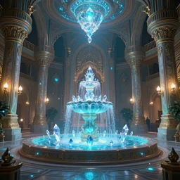 inside of an atlantis palace, bioluminescent light, fountain, crystals, intricate, elegant, volumetric lighting, digital painting, highly detailed, artstation, sharp focus, illustration, concept art, ruan jia, steve mccurry