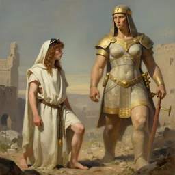 the Bible duel bettween the shepherd girl davide and female Goliath of Gath, the Philistine warrior giant woman, by frank miller, illustration by Ruan Jia and Mandy Jurgens and William-Adolphe Bouguereau, Artgerm, 4k, digital art, surreal, space dandy style, highly detailed, godsend, artstation, digital painting, concept art, smooth, sharp focus, illustration by Ruan Jia and Mandy Jurgens and William-Adolphe Bouguereau, Artgerm