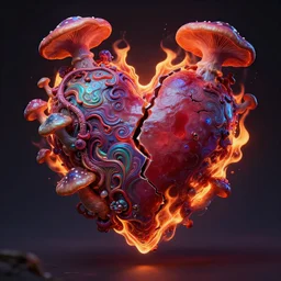 hyper detailed 3 d render. realistic broken heart on fire tangled in psychedelic fungus. iridescent textures. highly detailed fantasy science fiction painting by vrubel and chris cunningham. dark and volumetric. artstation