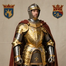 man in 15 century decorated with gold crusader armor and cape with kingdom of jerusalem insignia in renaissance art style