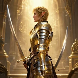 elf profile view with armor in golden and silver colors and a curve long sword in, epic masterpiece of cinematographic hyperrealism, realistic shaded lighting poster by craig mallismo, artgerm, jeremy lipkin and michael garmash, unreal engine, radiant light, detailed and intricate environment, digital art, art station trends
