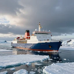 icebreaker ship vessel sailing in ice polar water, ice floe, realistic detailed, wide shot