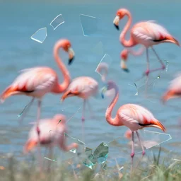 irregular fractals of flamingo, segmented broken glass shards, motion blur, distortion