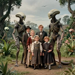 highly detailed, 435456k film, 1612800mm film still from a sci fi blockbuster color movie made in 2019, set in 1860, of a family standing with an humanoid alien creature, next to some alien plants, in a park on an alien planet, the family are wearing 1860s era clothes, good lighting, good photography, ultra high definition, 35mm macro lens