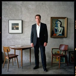 kodak portra 4 0 0, 8 k, wide flashlight shot of a highly detailed, britt marling style, award winning colour still - life portrait of arnold schwarzenegger in a large minimalistic room with rough concrete walls, a picasso painting, a square wall picture is leaning on the wall, a 1 9 5 0 s table, a 1 9 5 0 s chair, some paintings