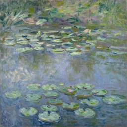 an oil painting of lilypads in a pond, in the style of claude monet