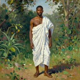 portrait of king of dahomey outdoors dressed in airy benin toga and sandals, 1905, brightly coloured oil on canvas, by ilya repin