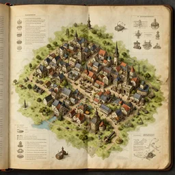 detailed map of a small steampunk town, concept art from a book with maps symbols