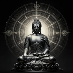 2 d techno buddha in front of concentric geometric radial sun portal with ancient wuji symbols embedded within it, fine lines, sci fi, artstation, dan mumford, beeple, yoshitaka amano