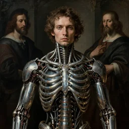 symmetrical portrait photo by giger of beautiful man covered with metallic biomechanical ribbed spinal tubes by hieronymus bosch, lucid dream - like heavy atmosphere, baroque painting, perfect composition, detailed octane render trending on artstation, 8 k artistic photography, volumetric cinematic perfect light, chiaroscuro, masterpiece, raphael, caravaggio, beksinski, rutkowski, beeple