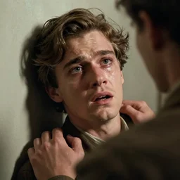 1930s close-up of an utterly terrified young man on the verge of panic tears with long hair cornered with his back against a wall. He looks utterly panicked and distressed and is trying to protect himself from an assailant. Looking straight at camera