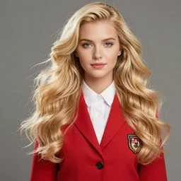 blonde woman with long, voluminous hair, wearing a red school uniform, by nikolay makovsky.