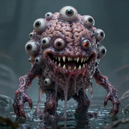 a creepy monster blob with many eyes, scary smiling mouth with strings of salive, sharp teeth, skin texture like a brain, slimy, standing in shallow water, horror art, intricate, extremely detailed, realistic, sharp, trending on artstation, concept art
