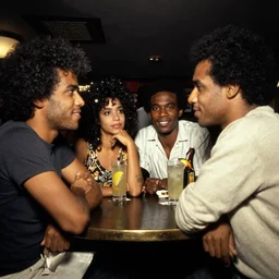 afro men alongside a woman in a bar at night, 8 0 s, 8 mm, photographed by nan goldin