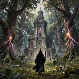 an dark wizard of old walking through an open field with his staff in a beautiful forest towards his grey decayed ruined neoclassical tower of ancient neurons and pink and yellow glowing synapses running through the forest, huge incredibly immense trees, highly detailed, hyperrealism, cgsociety, 8k, ancient forest like fanal forest, misty forest, realistic painting, sharp image, hyper realistic art, cinematic, art by konstantin razumov, chiaroscuro