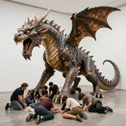 greek by emil alzamora tender. a beautiful installation art of a large, dragon - like creature with sharp teeth, talons, & a long tail. the creature is looming over a small group of people who appear to be in distress.