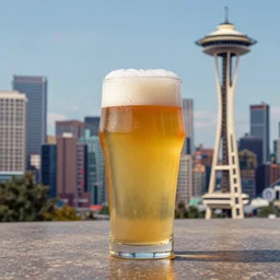 a beautiful and immaculate balanced vaporwave ombre scene depicting pint glass of beer, seattle, and the outrun style space needle. trending on artstation. recommended for you behance. double exposure.