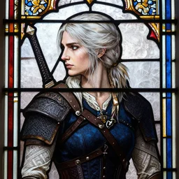 side - view portrait of ciri from the witcher 3, 1 0 th century stained glass window, masterful, little detail