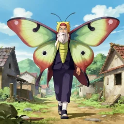 a giant moth man walking through an abandoned village by masashi kishimoto, hyper-detailed