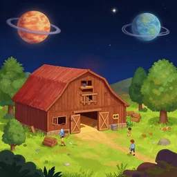 inside a farm barn, on a remote planet, from a space themed point and click 2 d graphic adventure game, art inspired by thomas kinkade